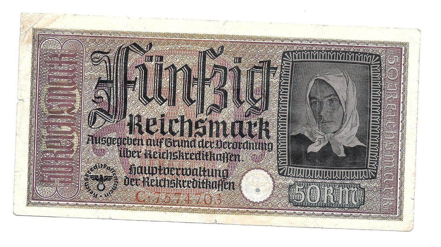 Банкнота 50 рейхсмарок (марок) 1940-1945 для оккупированных территорий Германия Третий Рейх