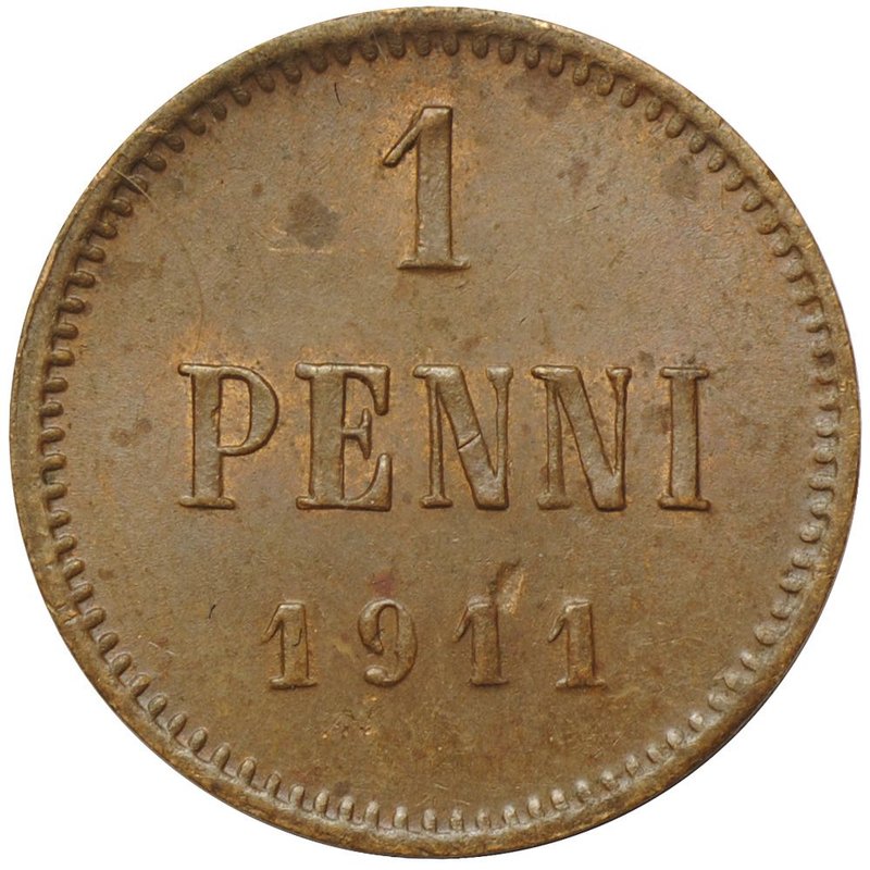 Монета 1 пенни 1911 Русская Финляндия