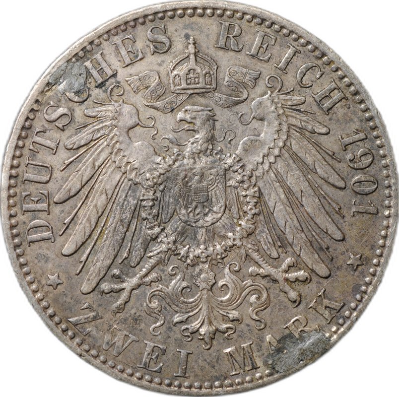 Монета 2 марки 1901 200 лет династии Пруссия Германия