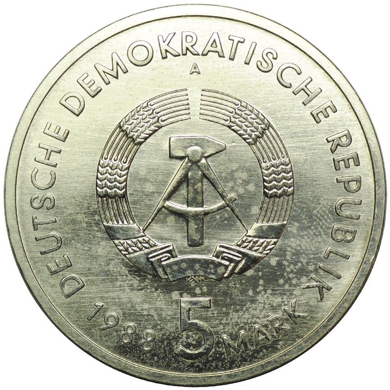 Монета 5 марок 1988 Город-порт Росток Германия ГДР