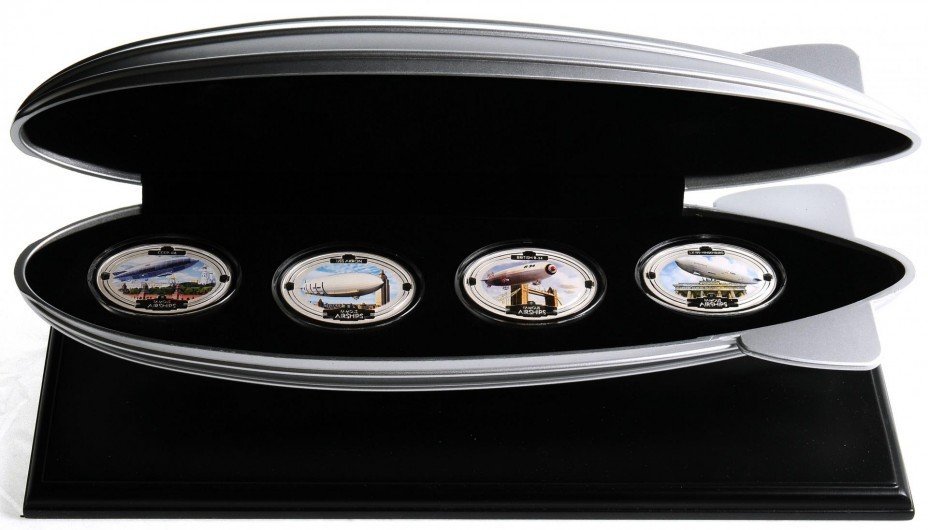 Набор 2 доллара 2009 Знаменитые дирижабли: СССР В-6 Осоавиахим, R34, USS Akron, LZ 129 Гинденбург Фиджи 4 монеты