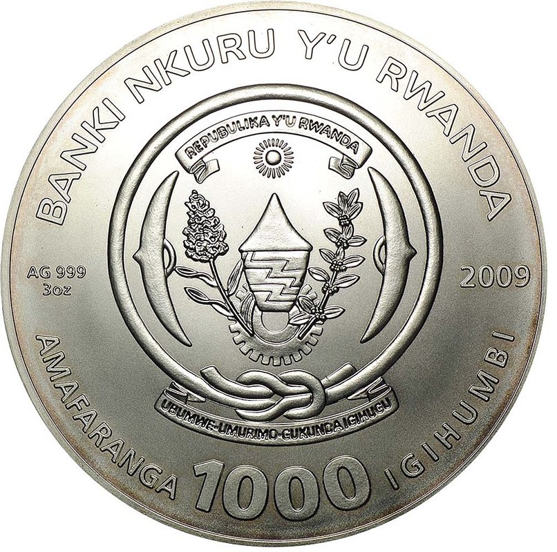 Монета 1000 франков 2009 Знаки зодиака - Телец Руанда