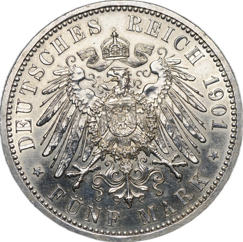 Монета 5 марок 1901 200 лет династии 1701 Германия Пруссия