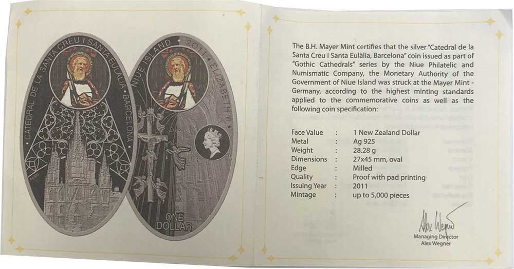 Монета 1 доллар 2011 Собор Святого Креста и Святой Евлалии Барселона Остров Ниуэ