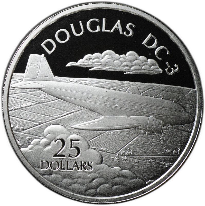 Монета 25 долларов 2003 Самолет Douglas DC-3 История Авиации Соломоновы острова