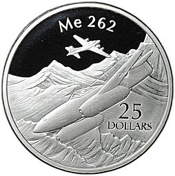 фото для Монета 25 долларов 2003 Самолет Me 262 История Авиации Соломоновы острова Аверс