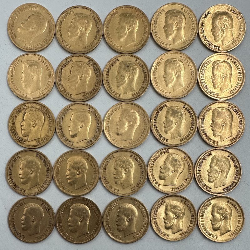 Инвестиционный лот золотые 10 рублей 1899, 1900 годов Николая 2 - 25 монет золото