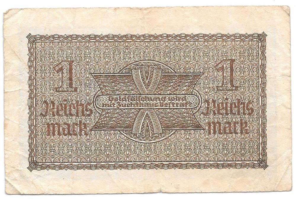 Банкнота 1 рейхсмарка 1940-1945 Германия Третий Рейх, оккупация