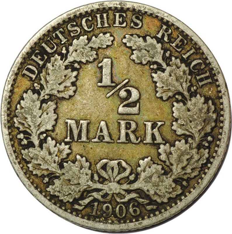Монета 1/2 марки 1906 Германия