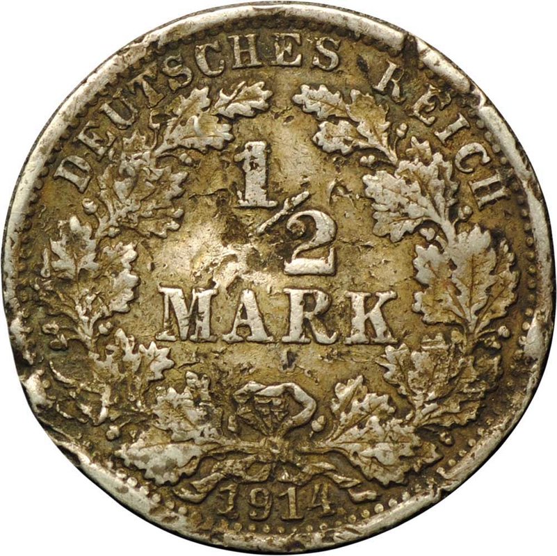 Монета 1/2 марки 1914 Германия