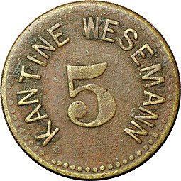 фото для Платежный жетон 5 пфеннингов Столовая Kantine Wesemann Германия Аверс