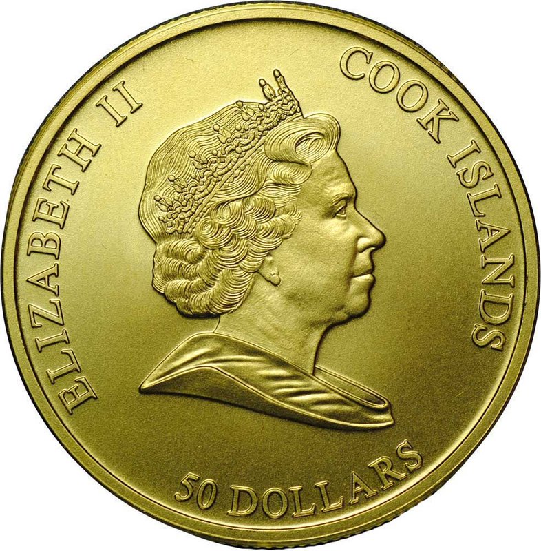 Монета 50 долларов 2008 Меркурий Бог торговли Острова Кука