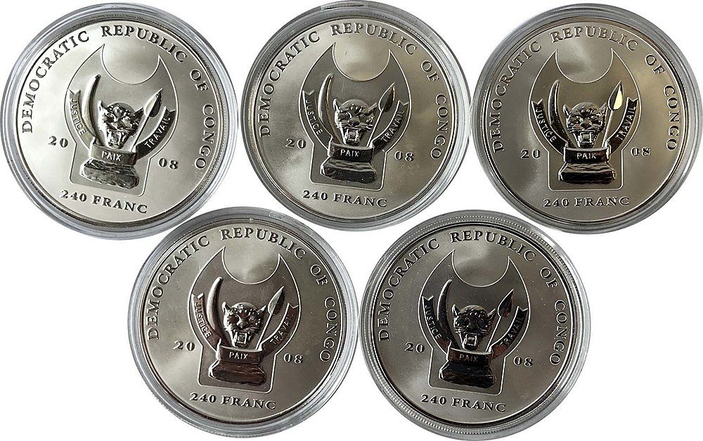 Набор 240 франков 2008 Большая пятёрка Африки Слон, Лев, Буйвол, Леопард, Носорог Конго 5 монет (футляр)