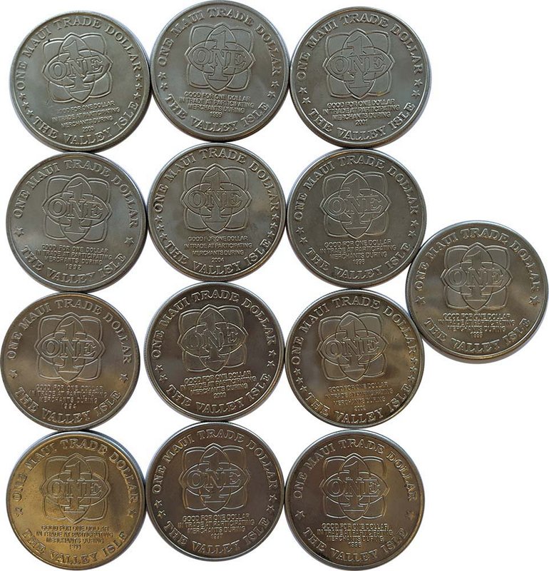 Набор 13 монет 1 доллар 1992-2004 Гавайские острова. Торговый доллар Мауи США