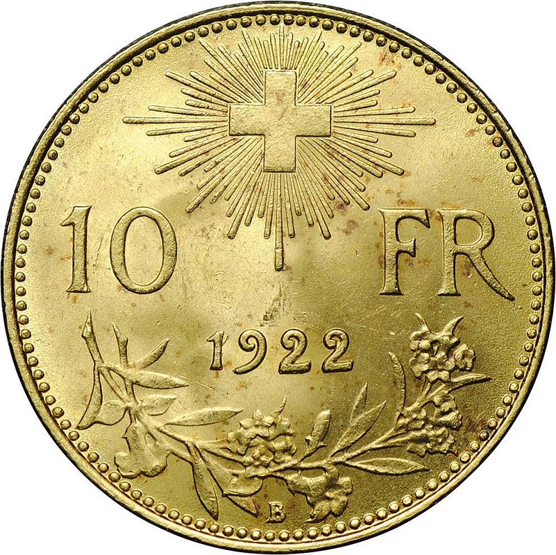 Монета 10 франков 1922 B Швейцария