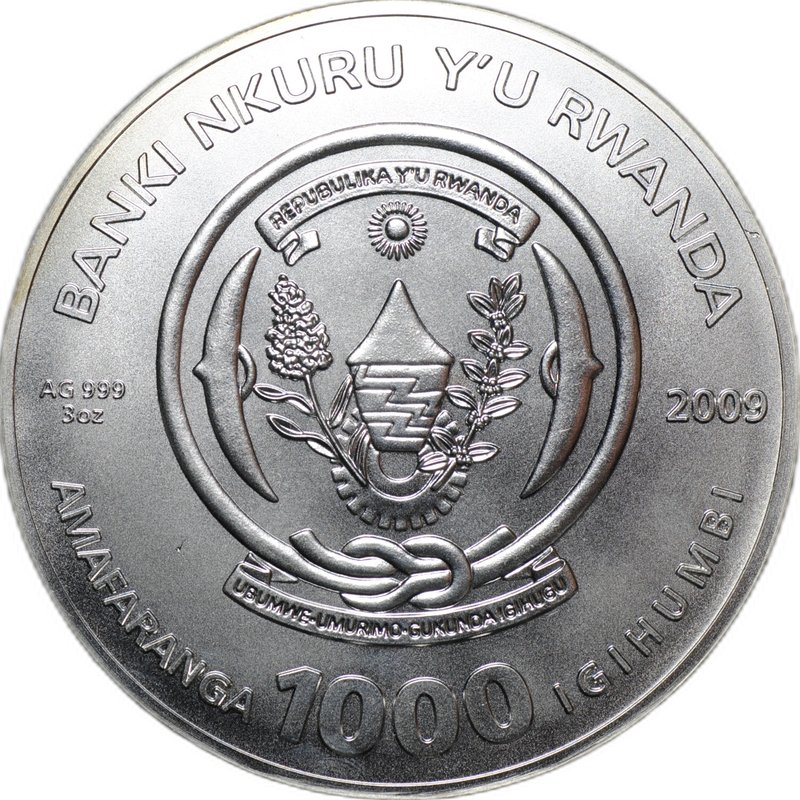 Монета 1000 франков 2009 Знаки зодиака Козерог Руанда