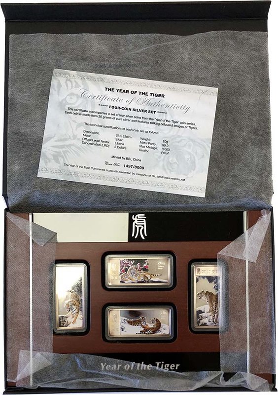 Набор 5 долларов 2010 Год Тигра Либерия 4 монеты