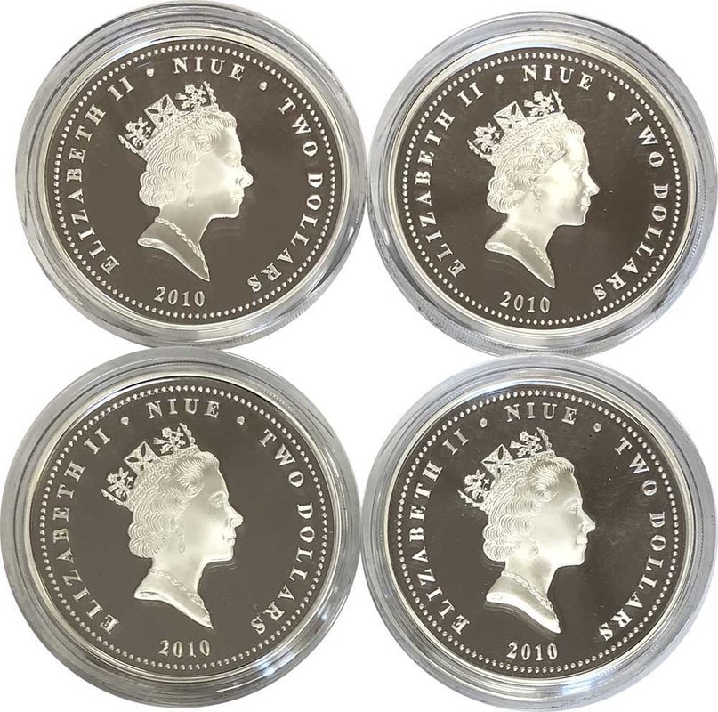 Набор 2 доллара 2010 Старые Советские Автомобили Ниуэ: Волга, ЗИМ, Победа, Москвич 4 монеты 