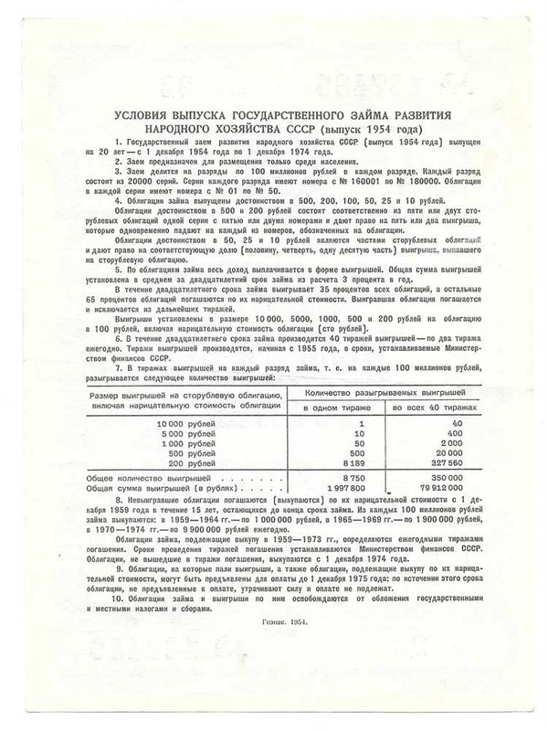 Облигация 50 рублей 1954 Государственный заем развития народного хозяйства