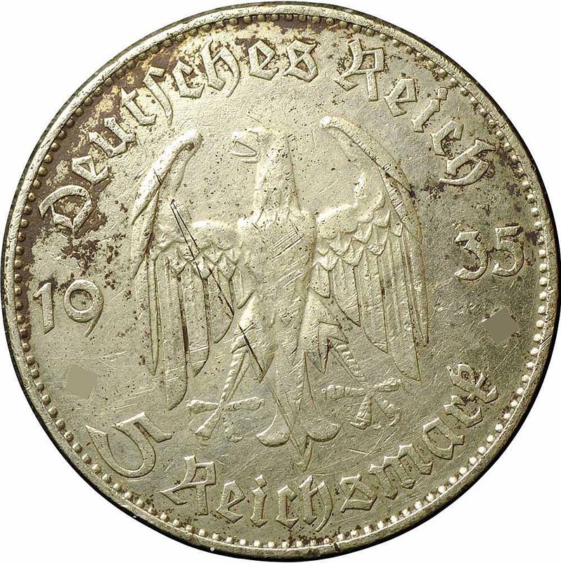 Монета 5 рейхсмарок (марок) 1935 J Кирха Германия Третий Рейх