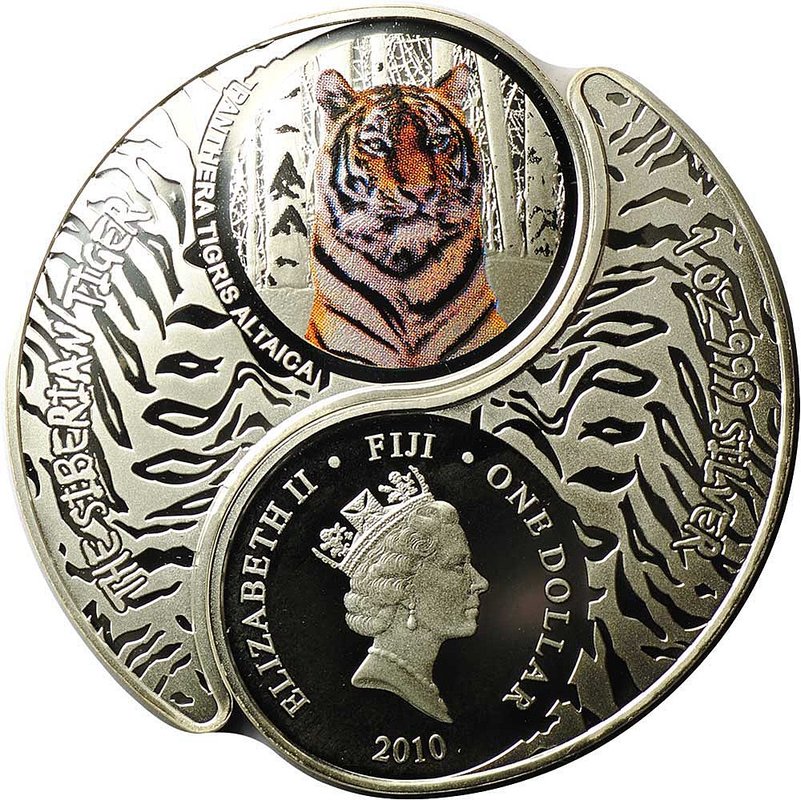Набор монет 1 доллар 2010 Сибирский и Бенгальский тигры Инь-Янь Фиджи