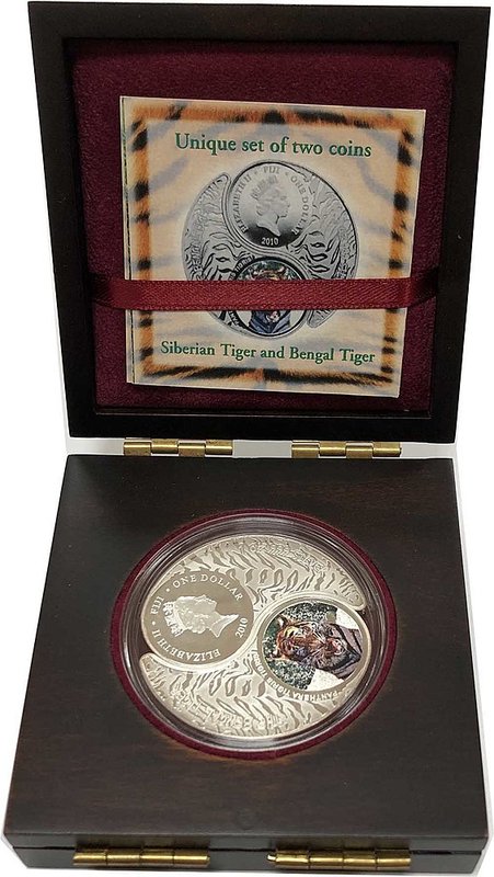 Набор монет 1 доллар 2010 Сибирский и Бенгальский тигры Инь-Янь Фиджи