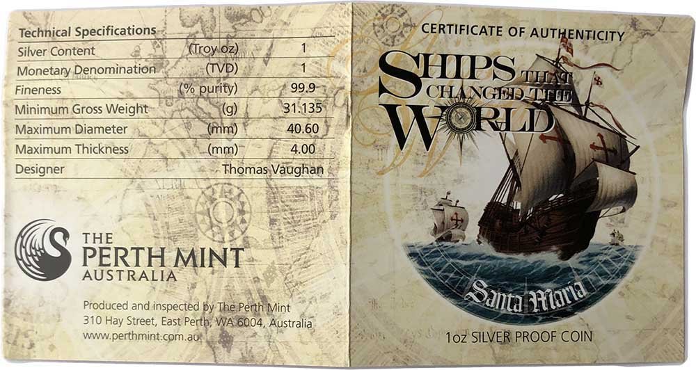 Монета 1 доллар 2011 Санта-Мария Корабль парусник Тувалу