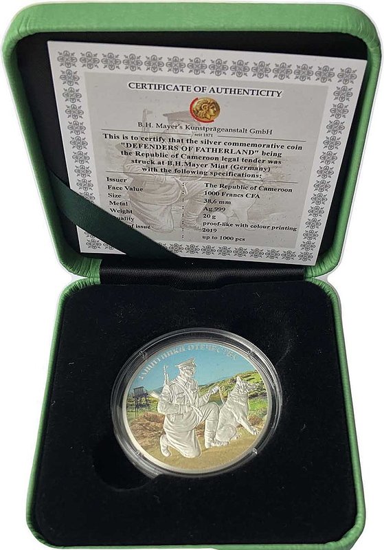 Монета 1000 франков 2019 Защитники отечества Пограничник Камерун