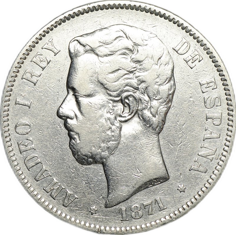 Монета 5 песет 1871 Испания