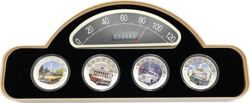 Набор 2 доллара 2010 Старые Советские Автомобили Ниуэ: Волга, ЗИМ, Победа, Москвич (без внешней коробки) 4 монеты 