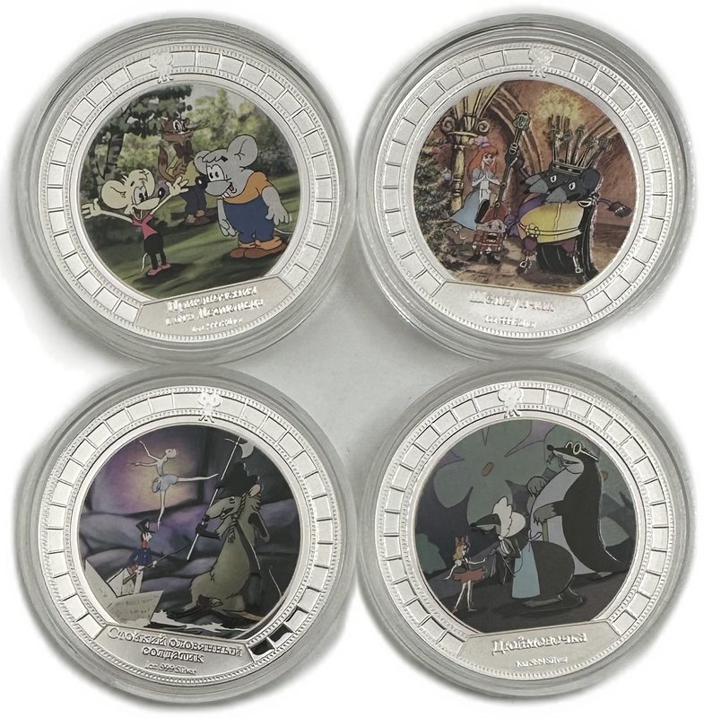 Набор 2 доллара 2008 Союзмультфильм Острова Кука - Кот Леопольд Щелкунчик Дюймовочка Оловянный солдатик 4 монеты