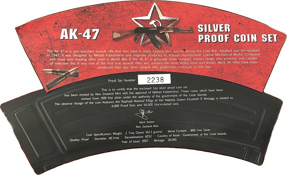 Набор 2 доллара 2007 Автомат Калашникова АК-47 PROOF Острова Кука (в футляре)