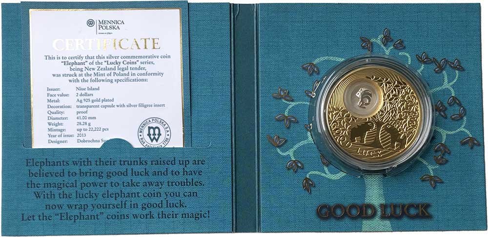 Монета 2 доллара 2013 На удачу - Слоны Ниуэ