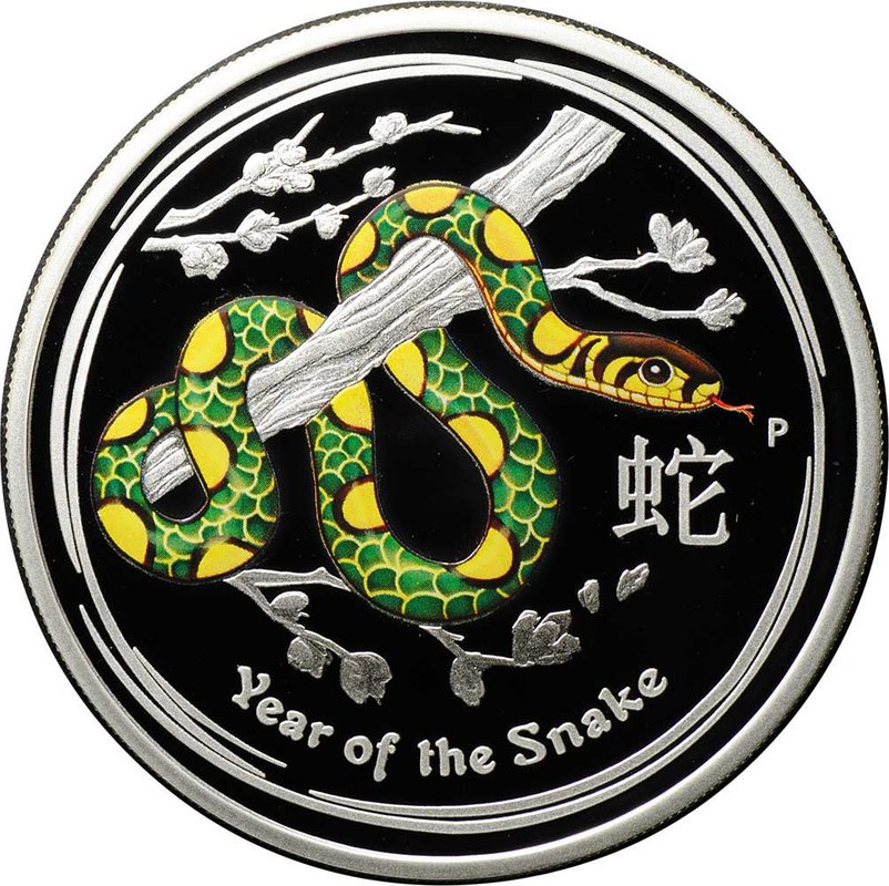 Монета 1 доллар 2013 Год Змеи Лунар 2 Цветная зеленая Австралия