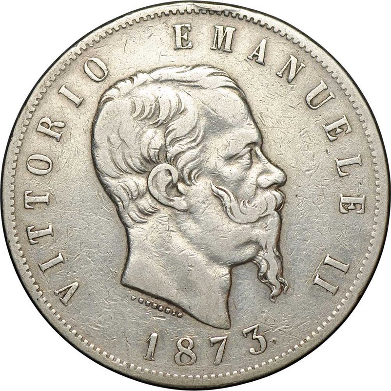 Монета 5 лир 1873 М Милан Италия