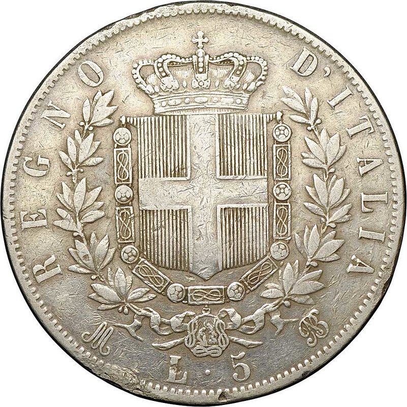 Монета 5 лир 1873 М Милан Италия