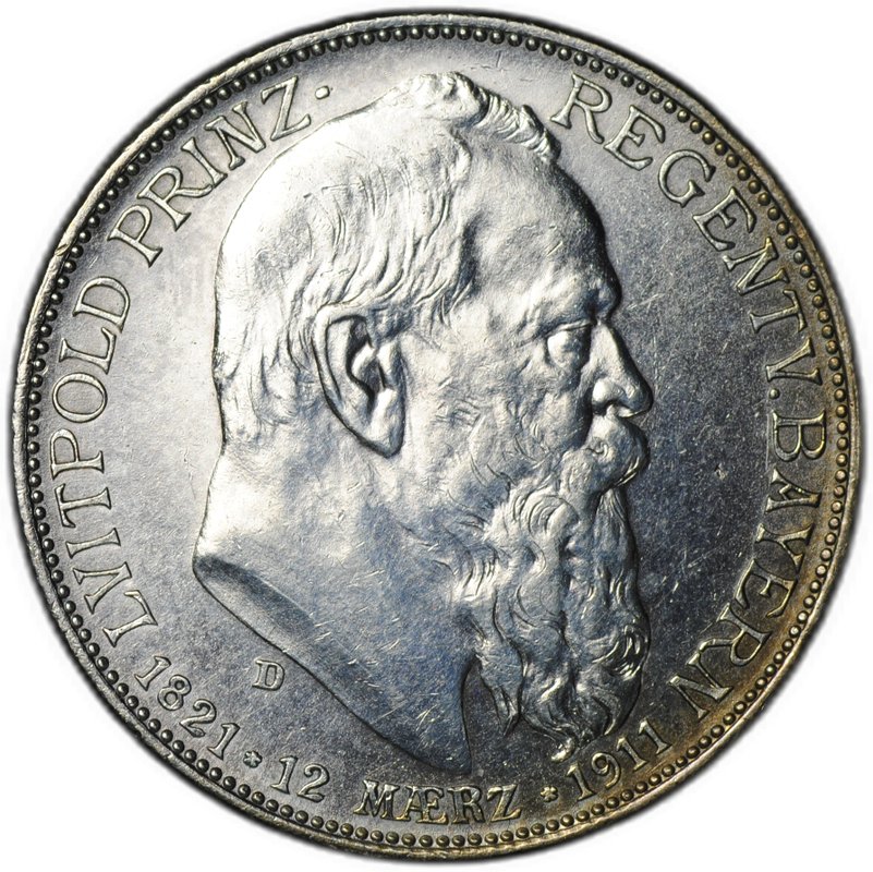 Монета 2 марки 1911 D 90 лет со дня рождения Луитпольда Баварского Бавария Германия