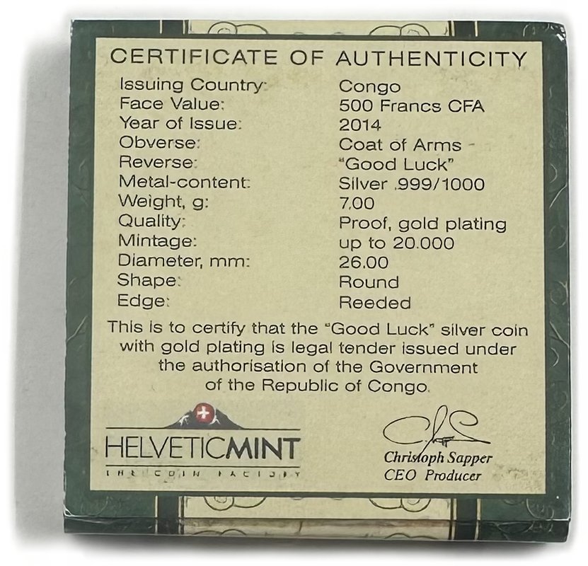 Монета 500 франков КФА 2014 Подкова на удачу Конго