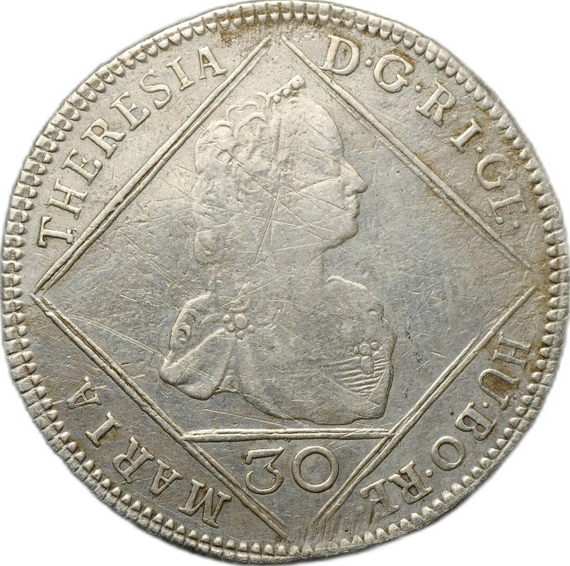 Монета 30 крейцеров 1765 Мария Терезия - орел с 5 гербами Австрия