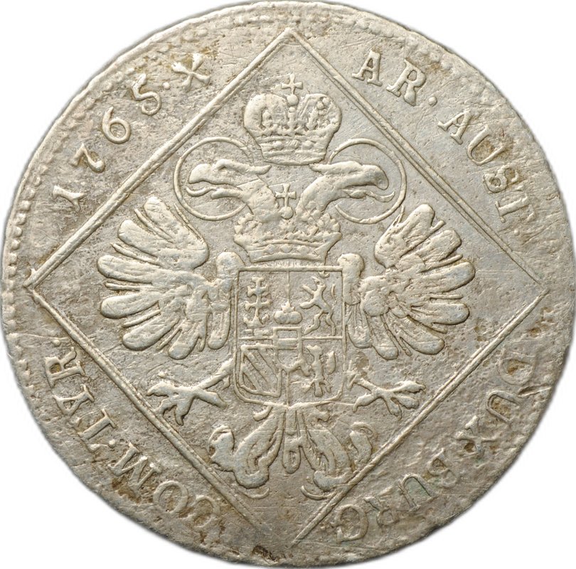 Монета 30 крейцеров 1765 Мария Терезия - орел с 5 гербами Австрия