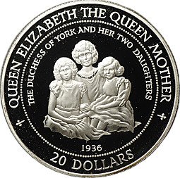 фото для Монета 20 долларов 1994 Королева Мать и дочери Острова Кука Аверс