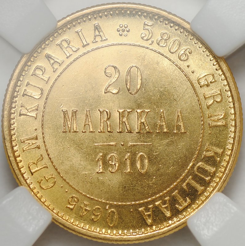 Монета 20 марок 1910 L Русская Финляндия слаб NGC MS 65