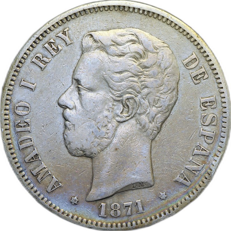 Монета 5 песет 1871 Испания