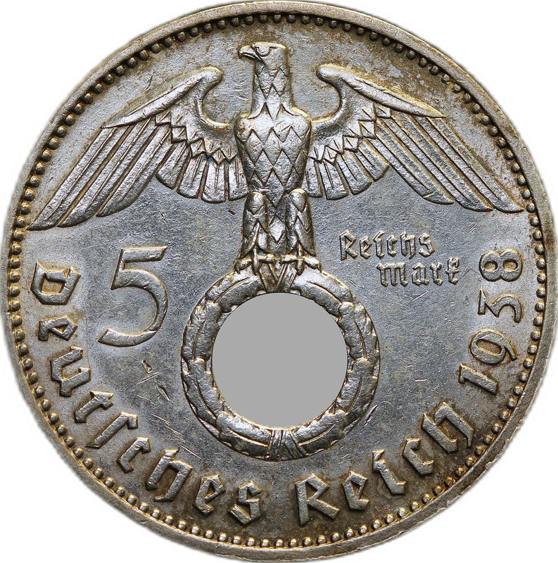 Монета 5 рейхсмарок (марок) 1938 J Гинденбург Третий Рейх Германия