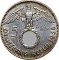 Монета 5 рейхсмарок (марок) 1938 J Гинденбург Третий Рейх Германия