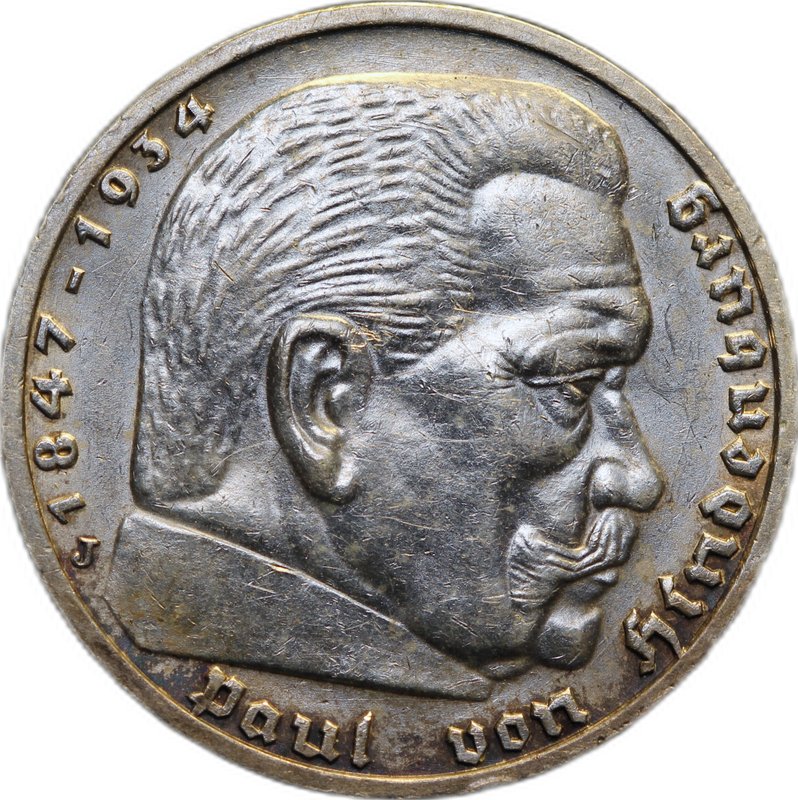 Монета 5 рейхсмарок (марок) 1938 J Гинденбург Третий Рейх Германия