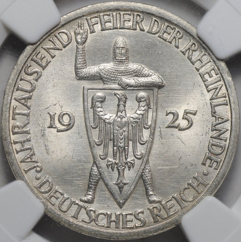 Монета 3 рейхсмарки (марки) 1925 A 1000 лет Рейнской области Рейнланд Германия слаб NGC MS 65