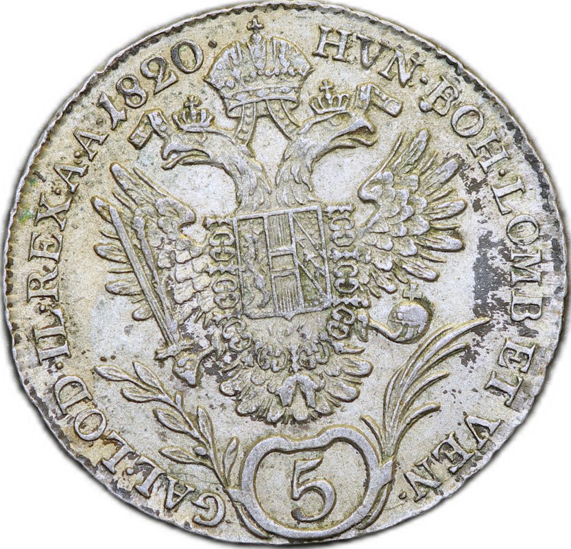 Монета 5 крейцеров 1820 Австрия