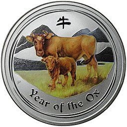 фото для Монета 1 доллар 2009 Год Быка Лунар 2 цветная Лунный календарь Австралия Аверс