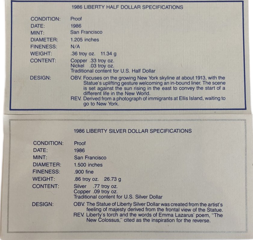 Набор монет 1 доллар, 50 центов 1986 100 лет статуе Свободы США